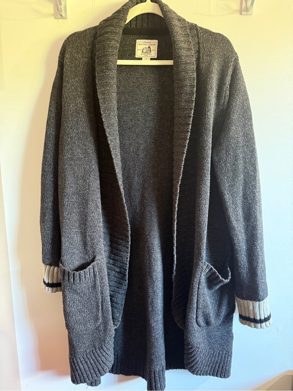 Roots Cabin Long Cardigan L Grey Cotton Knit Shawl Collar Pockets Cottagecore
